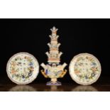 An 18th Century Style Faience Tulipière & a Pair of Decorative Faience Plates.