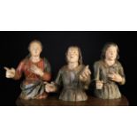 Three Unusual Late 17th/Early 18th Century Polychromed Wood Carvings: The upper halves of three