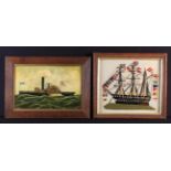 A Framed Woolwork embroidery of a three masked sailing ship 16 ins x 18 ins (42 cm x 24 cm),