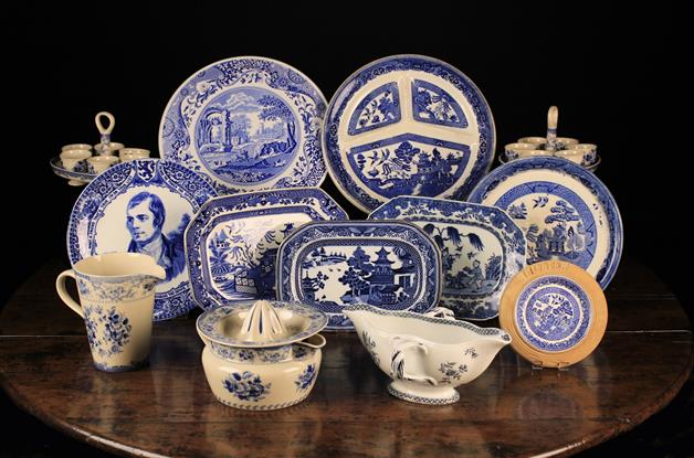 A Collection of Various Blue & White Transfer Printed Ceramics to include: a willow pattern low