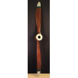 A Vintage Mahogany Aircraft Propeller with painted green banded silver tips, 96 in (244 cm) span.