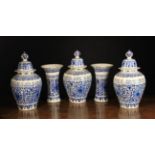 A Garniture Set of Five 18th Century Blue & White Delft Vases: Three of lobed ovoid form with domed