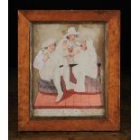A 19th Century Pricked Paper and Watercolour Painting of three imbibers, 8¾" x 7" (21.
