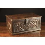 A Fine Early 17th Century Boarded Oak Desk Box of rectangular form.