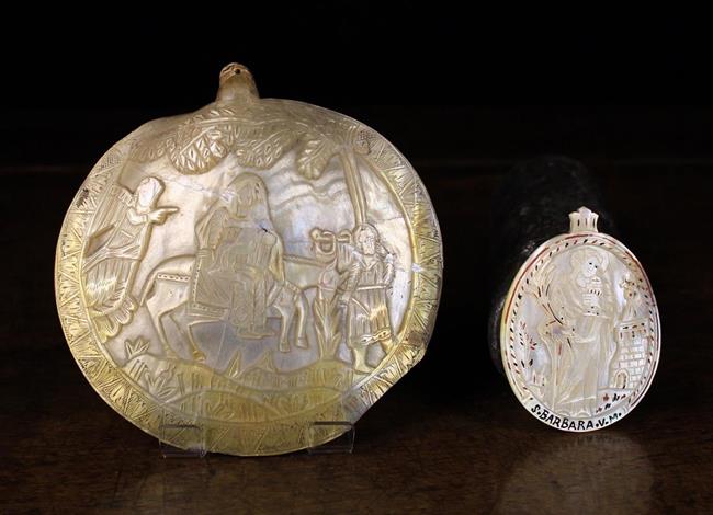 Two Religious Mother-of-Pearl Carvings: One on a large flat shell depicting 'Flight to Egypt',