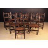 A Good Harlequin Set of Eight Joined oak Back Stools attributed to Derbyshire.