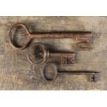 Three Large Early Iron Keys; one possibly 15th century 6" (15 cm) in length,