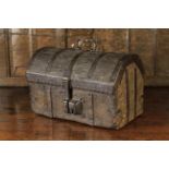 A 15th Century Oak Dome-topped Cuir Boulli Casket bound in iron straps with a wrythen swing handle