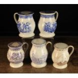 Five Victorian Baluster Treacle Pots with screw on lids and transfer printed decoration (A/F).