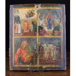 A 19th Century Russian Icon painted on wood with four allegorical fields beneath inscription to the