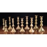 Five Pairs of 19th Century Brass Candlesticks with decorative knopped stems, 10" (25.