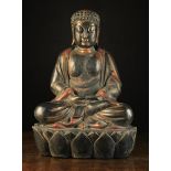 A Large Carved & Lacquered Antique Wooden Buddha, 27" (69 cm) in height.