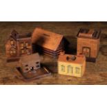 A Group of Five Late 19th/Early 20th Century Wooden Money Boxes in the form of buildings: A square