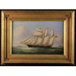 A 19th Century Oil on Canvas: Marine with three masted sailing ship flying a red ensign and burgee
