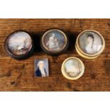 A Group of Four Antique Patch Boxes inset with miniature paintings to the lids: One of turned ebony