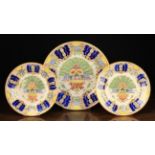 Three Late 18th Century Delft Plates decorated in polychrome with peacock pattern and edged with