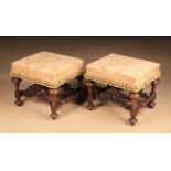 A Pair of Fine William & Mary Style Upholstered Stools.