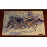 A Signed Watercolour Painting of Tibetan Warriors on Horsemen (A/F), 9½ in x 15½ in (24 cm x 39.