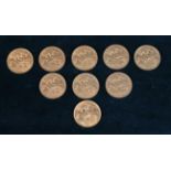 Nine Edward VII Gold Half Sovereigns. Dated 1902, 1903 x 2, 1904, 1905, 1907, 1909 x 2 & 1910.