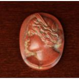 A Small 17th Century Blood Jasper Oval Cameo carved with the Nymph Arethusa, 1⅜" x 1⅛" (3.5 cm x 2.