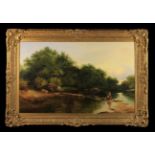 A Large 19th Century Oil on Canvas: River Landscape with angler on far bank,