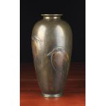 A 19th Century Japanese Bronze Vase; The slender ovoid body cast with cranes, signed on base,