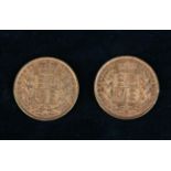 Two Victorian Gold Full Sovereigns with shield emblem on reverse dated 1851 and 1884.