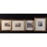Four Small 18th Century Monochrome Engravings, mounted and set in modern gilt frames behind glass.