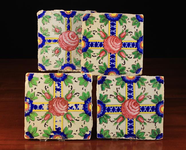 A Set of Four Attractive Late 19th Century Kjar Tiles decorated with polychrome enamels;