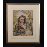 Two Watercolour Paintings: A Portrait of a Young Girl in woodland, wrapped in a plaid shawl,