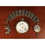 A Silver Plated Pocket Watch engraved with horses to the back and a chain link bracelet hung with