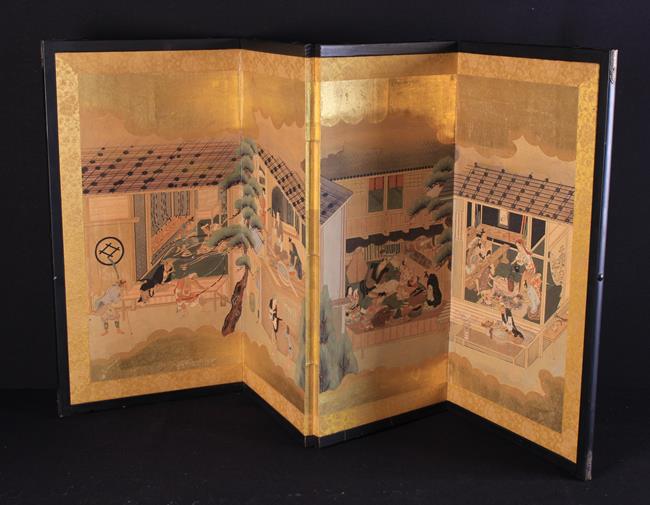 An Antique Chinese Four-fold Painted Rice Paper Screen depicting a continuous scene with artisans - Image 2 of 3