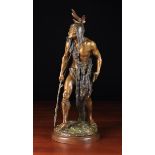 A Rare Large Size Patinated Bronze Figure of a Native American stamped Geschützt with Franz Bergman
