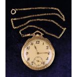 A Decorative 18 Carat Gold Pocket Watch on gold figaro chain, the last link being base metal.