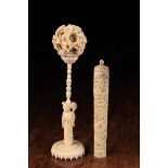 A Fine 19th Century Chinese Carved Ivory Needle Case and a Puzzle Ball (A/F) on Stand.