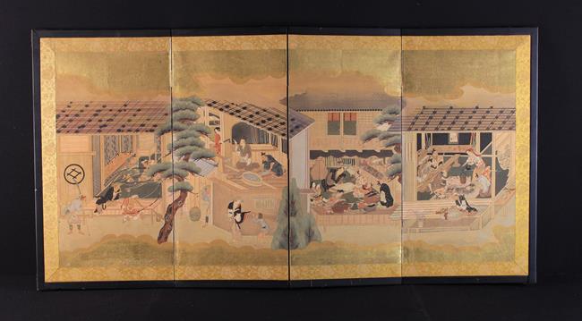 An Antique Chinese Four-fold Painted Rice Paper Screen depicting a continuous scene with artisans