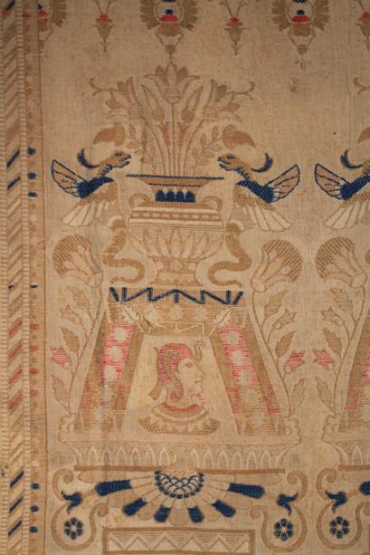 An Antique Embroidered Mulsin Drape woven with repeated Egyptianesque motifs in beige enhanced with - Image 3 of 4