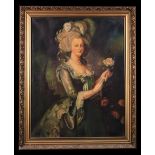 An Oil on Canavs: Three quarter length portrait of an 18th century lady dressed in finery holding a