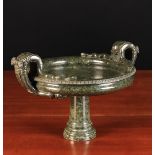 A Dark Green Serpentine Marble Tazza. The circular dish raised on a turned centre column.