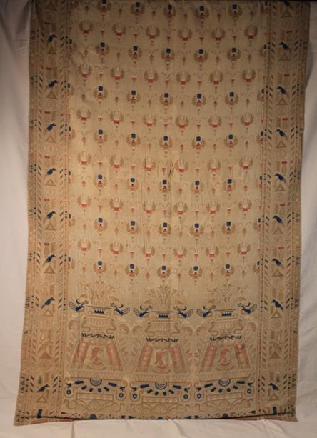 An Antique Embroidered Mulsin Drape woven with repeated Egyptianesque motifs in beige enhanced with - Image 2 of 4