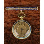 A LeCoultre & Cie 18 Carat Gold Lady's Pocket Watch with blue guilloche enamelled case hanging from