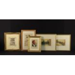 Six Framed Prints & Three Watercolours: A watercolour portrait of elderly man smoking a pipe,
