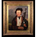 A Large Oil on Canvas: Half length Portrait of a Country-man with bagpipes,