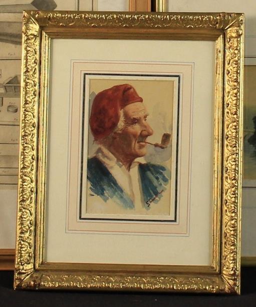Six Framed Prints & Three Watercolours: A watercolour portrait of elderly man smoking a pipe, - Image 4 of 4