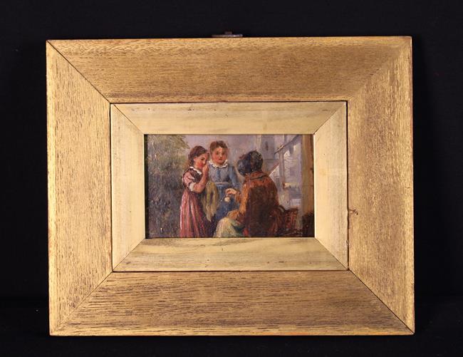 A Small Late 19th Century Oil on Board depicting two young girls conversing with a seated lady in