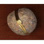 An Agate Geode Box with gilded copper mounts; a reeded rim band and daisy head catch.