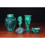 Four Pieces of Moulded Art Deco Malachite Glass: A stylish ovoid vase decorated with scantily clad