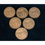 Six Victorian Gold Full Sovereigns. DAted 1872, 1875, 1891, 1894, 1895 & 1900.