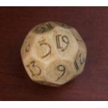 A 18th Century English Carved Marine Ivory Teetotum Gambling Ball, incised with Arabic numerals,