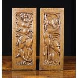 A Pair of 16th Century Oak Panels carved with zoomorphic creatures, 18" x 7" (46 cm x 18 cm).